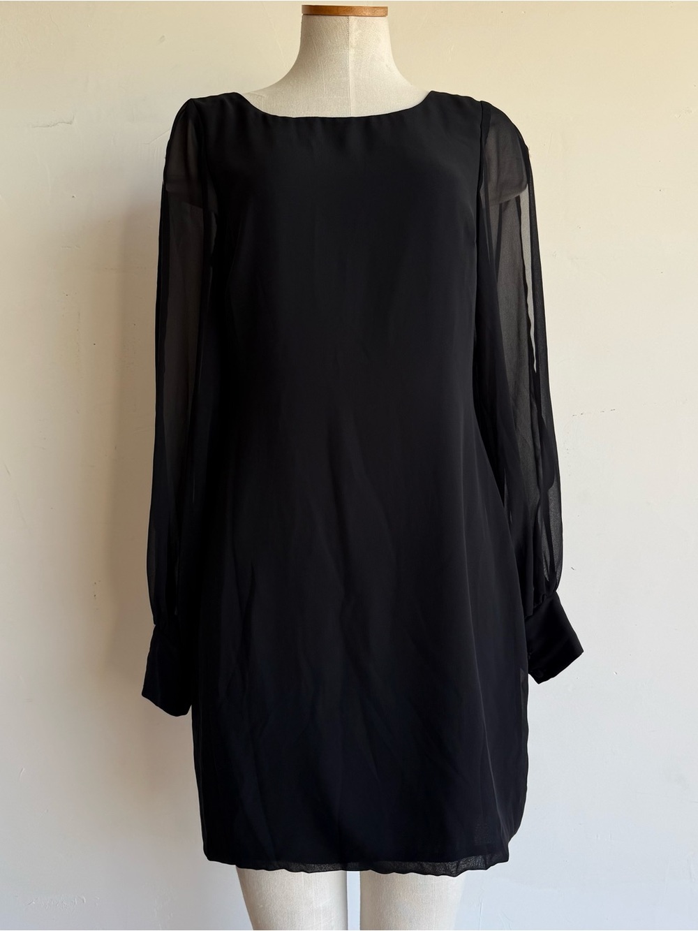 Cache Shift Dress SZ 8 Black sheer long sleeves lined embellished zipper NWT